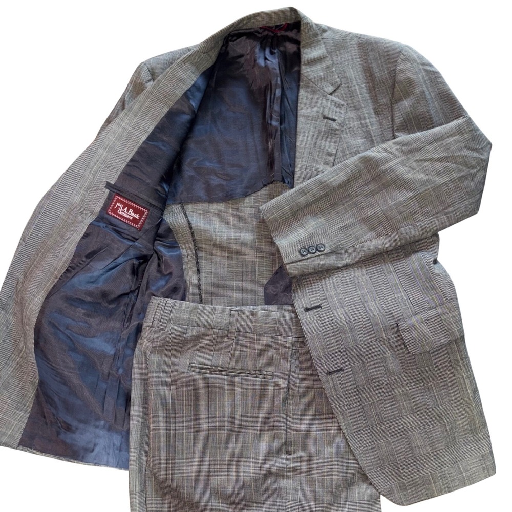 Jos. A. Bank Clothiers‎ Mens Grey Windowpane Plaid 2 Piece Suit Blazer Pants Set